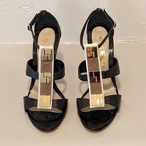 LAMB Lightning Bolt Black & Gold Metal Embellish T Strap Stiletto Sandals, 7/7.5 - Picture 1 of 16